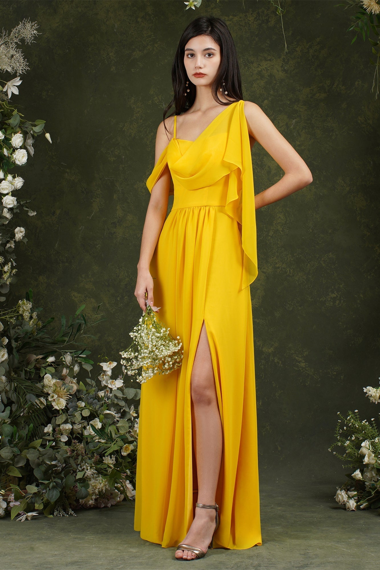 Elegante vestido de dama de honor de gasa con volantes, corte A, largo hasta el suelo, con abertura y bolsillos