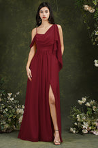 Elegante vestido de dama de honor de gasa con volantes, corte A, largo hasta el suelo, con abertura y bolsillos