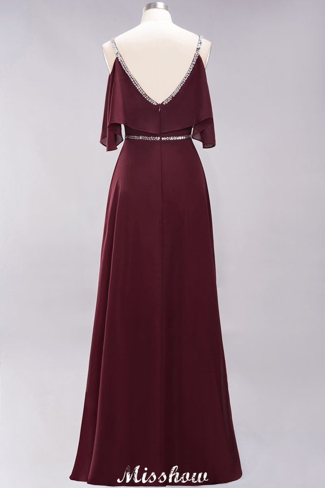 Elegante vestido de dama de honor de gasa con escote en V, tirantes finos, sin mangas y largo hasta el suelo con abalorios
