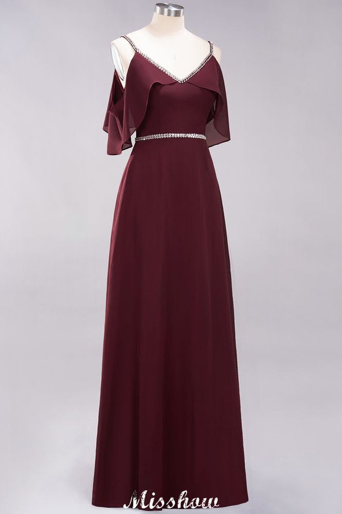 Elegante vestido de dama de honor de gasa con escote en V, tirantes finos, sin mangas y largo hasta el suelo con abalorios
