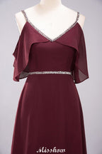Elegante vestido de dama de honor de gasa con escote en V, tirantes finos, sin mangas y largo hasta el suelo con abalorios