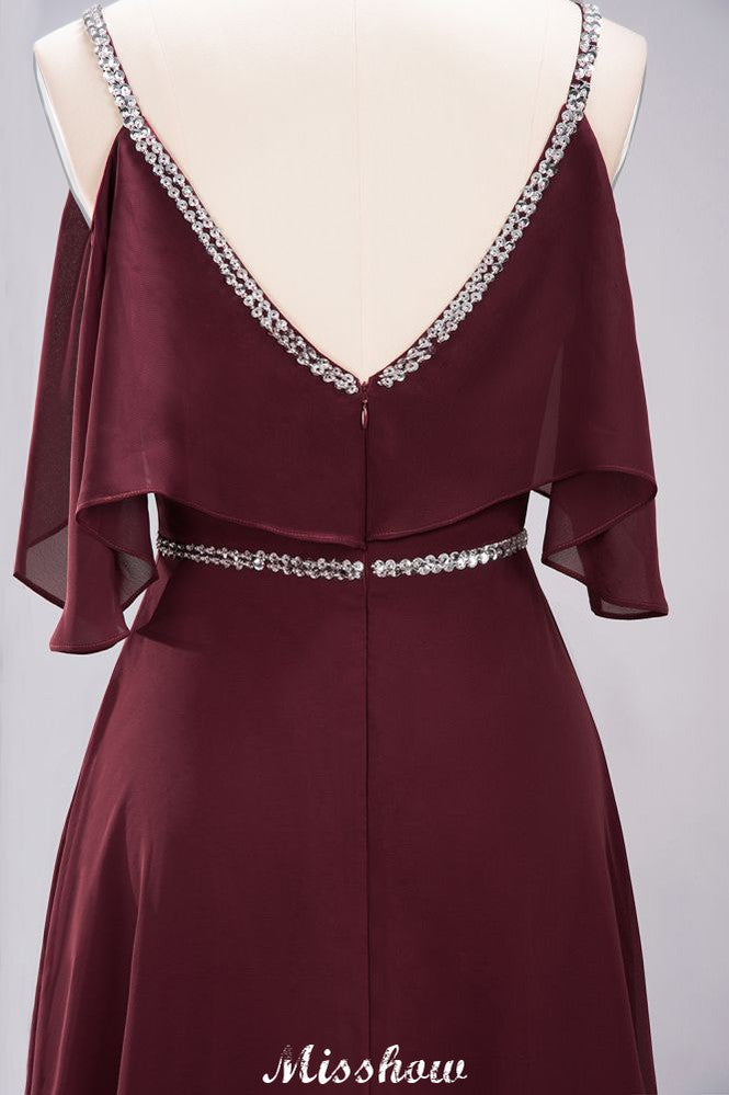 Elegante vestido de dama de honor de gasa con escote en V, tirantes finos, sin mangas y largo hasta el suelo con abalorios