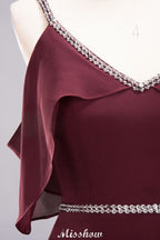Elegante vestido de dama de honor de gasa con escote en V, tirantes finos, sin mangas y largo hasta el suelo con abalorios