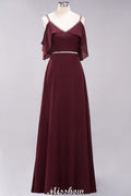 Elegante vestido de dama de honor de gasa con escote en V, tirantes finos, sin mangas y largo hasta el suelo con abalorios