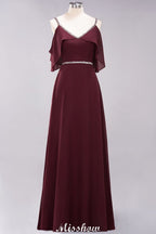 Elegante vestido de dama de honor de gasa con escote en V, tirantes finos, sin mangas y largo hasta el suelo con abalorios