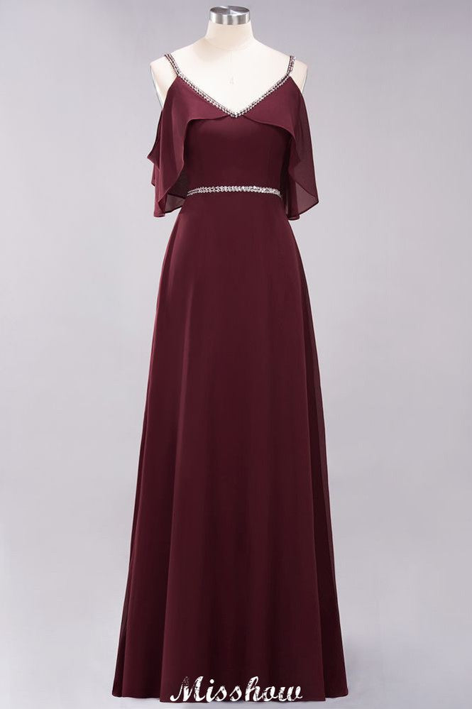 Elegante vestido de dama de honor de gasa con escote en V, tirantes finos, sin mangas y largo hasta el suelo con abalorios