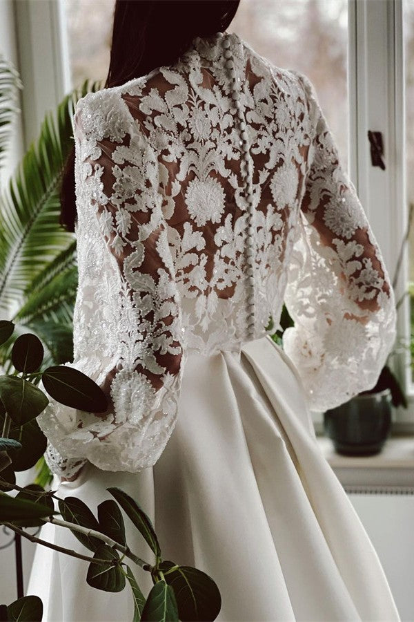 Elegant A-line High Neck Satin Lace Long Sleeves Wedding Dress with Pockets
