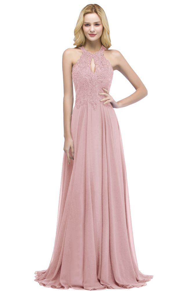 Elegante vestido de fiesta largo con escote halter, corte A y cuentas