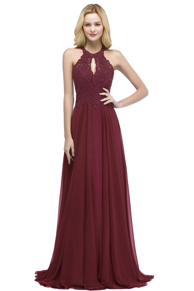 Elegante vestido de fiesta largo con escote halter, corte A y cuentas