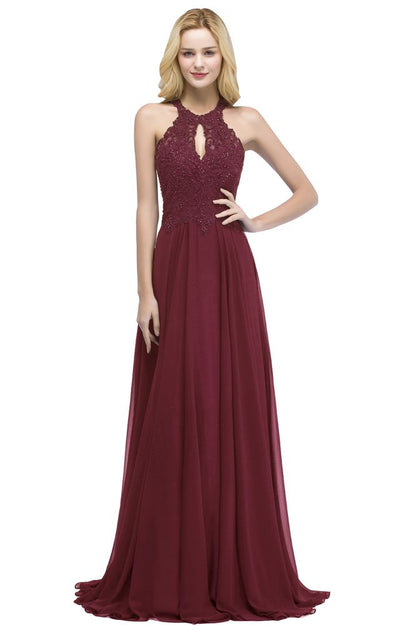 Elegante vestido de fiesta largo con escote halter, corte A y cuentas