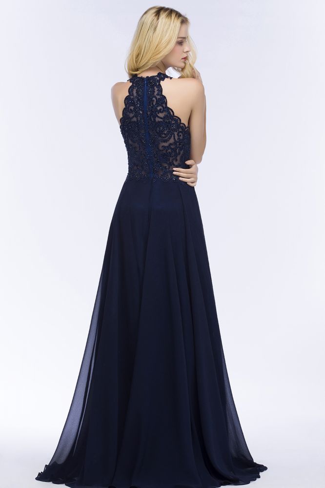 Elegante vestido de fiesta largo con escote halter, corte A y cuentas