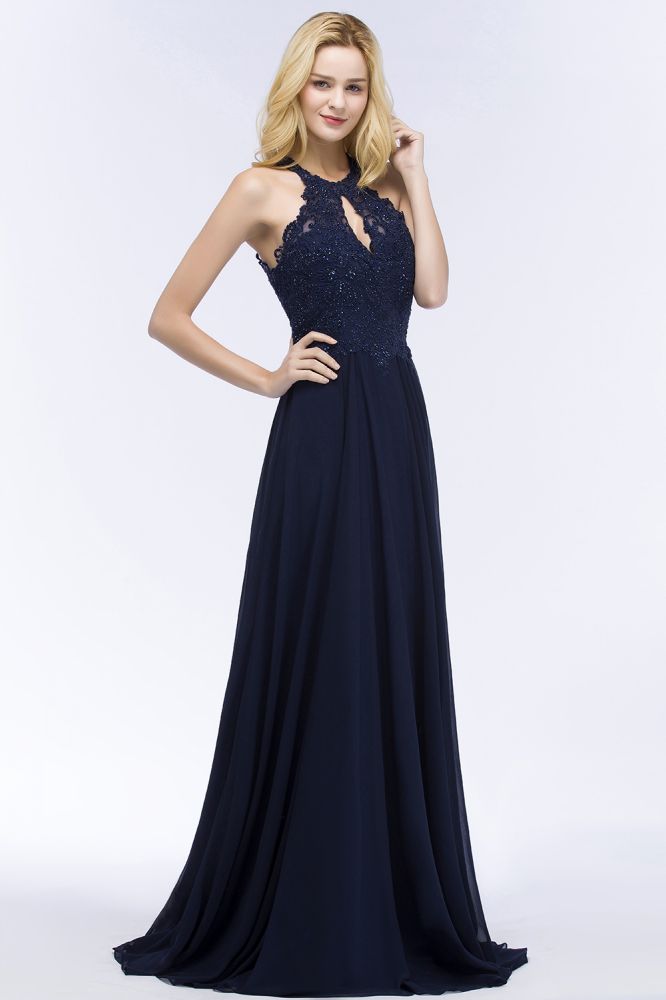 Elegante vestido de fiesta largo con escote halter, corte A y cuentas