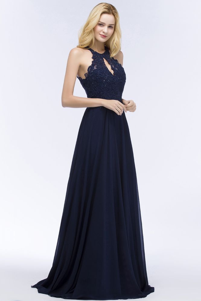 Elegante vestido de fiesta largo con escote halter, corte A y cuentas