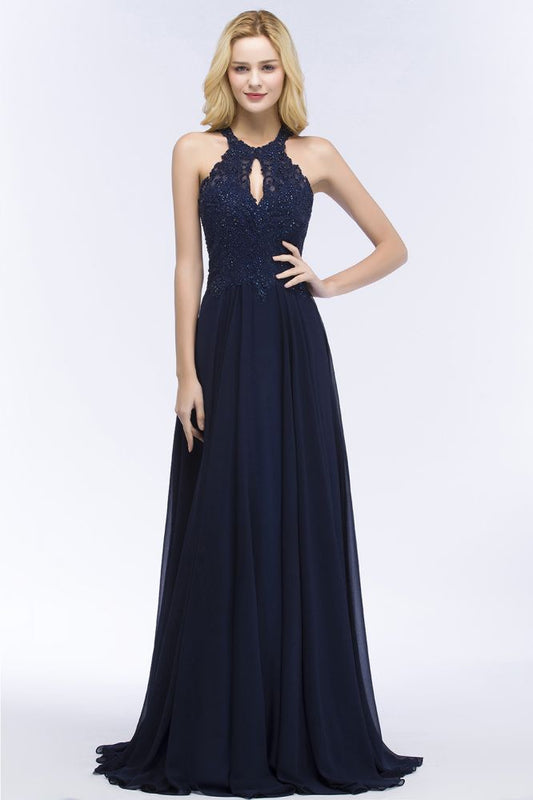 Elegante vestido de fiesta largo con escote halter, corte A y cuentas