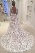 Elegant A-line Lace Backless Wedding Dress With Court Train  WD052