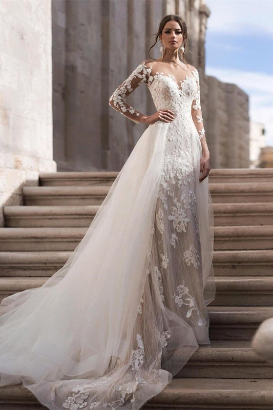 Elegantes A-Linien-Brautkleid mit langen Ärmeln und abnehmbarer Schleppe