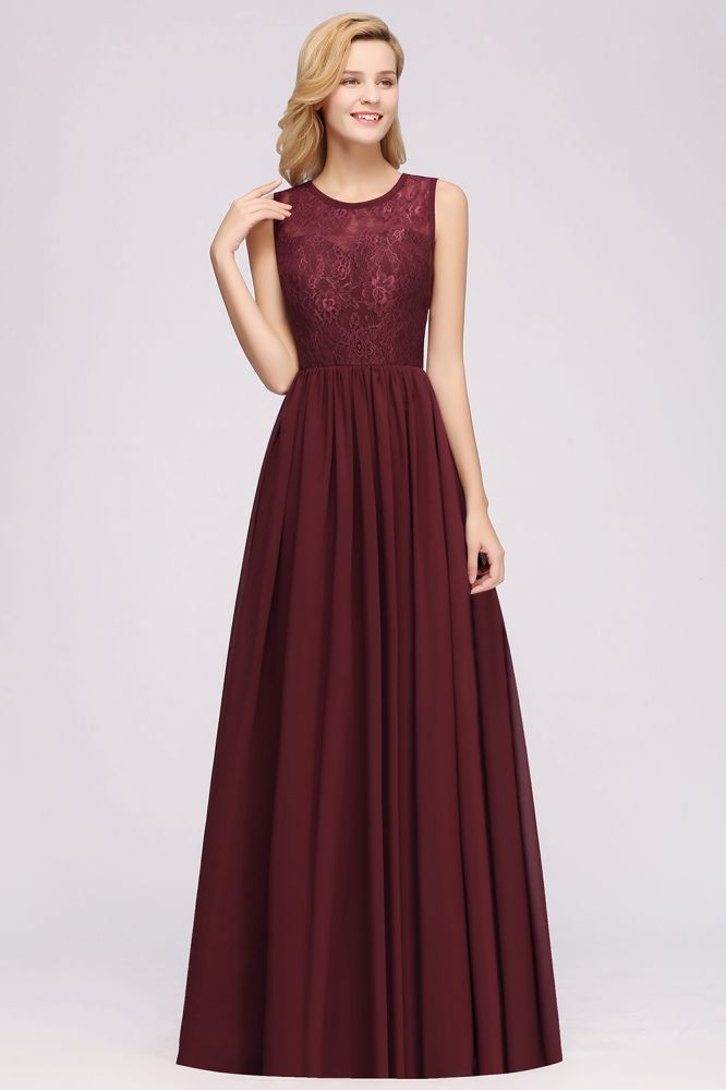 Elegante vestido de dama de honor de encaje sin mangas, corte A, gasa, volantes, joya, largo hasta el suelo, con apliques