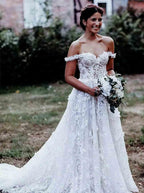 Elegant A-Line Off Shoulder White Tulle Wedding Dress with Appliques  WD337