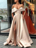 Elegante vestido de fiesta formal largo de satén con hombros descubiertos y corte A con abertura