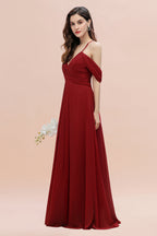 Elegante vestido de dama de honor largo fruncido con escote en V y hombros descubiertos en A