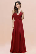 Elegante vestido de dama de honor largo fruncido con escote en V y hombros descubiertos en A