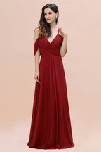 Elegante vestido de dama de honor largo fruncido con escote en V y hombros descubiertos en A