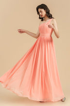 Elegant A-line One Shoulder Coral Chiffon Long Bridesmaid Dress