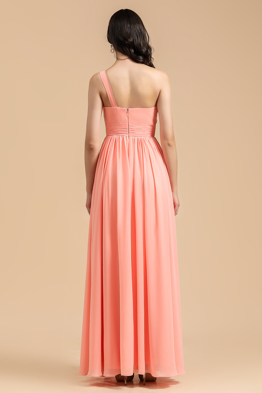 Elegant A-line One Shoulder Coral Chiffon Long Bridesmaid Dress