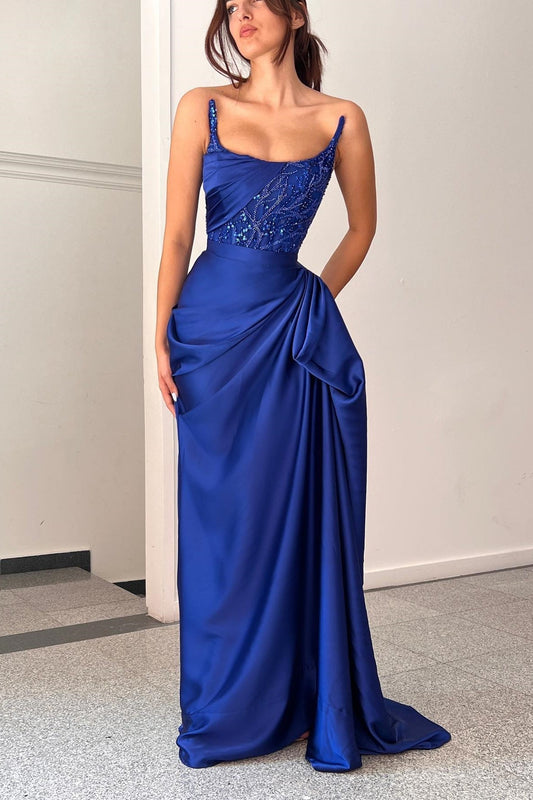 Elegante A-Linie Rüschen Ärmellos Quadratisch Satin Ozeanblau Ballkleider