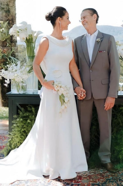 Elegant A-Line Satin Sleeveless White Wedding Dress With Train