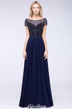 Elegante vestido de dama de honor de manga corta con apliques de cuentas y corte en A, vestido de noche largo hasta el suelo