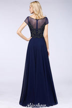 Elegante vestido de dama de honor de manga corta con apliques de cuentas y corte en A, vestido de noche largo hasta el suelo