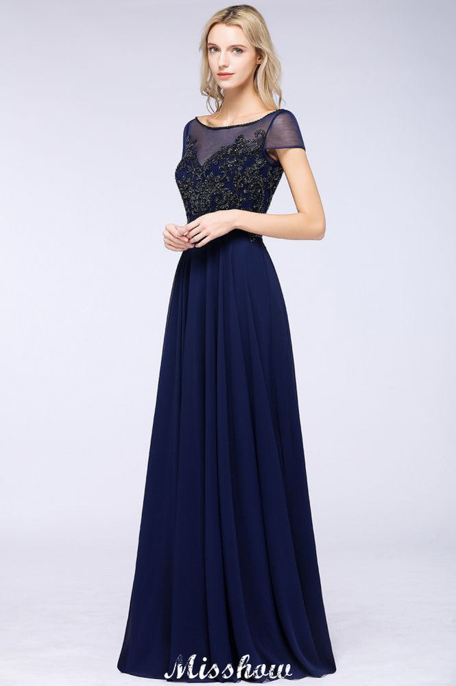Elegantes A-Linie Kurzarm Applikationen Perlen Brautjungfernkleider Bodenlanges Abendkleid