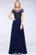 Elegante vestido de dama de honor de manga corta con apliques de cuentas y corte en A, vestido de noche largo hasta el suelo