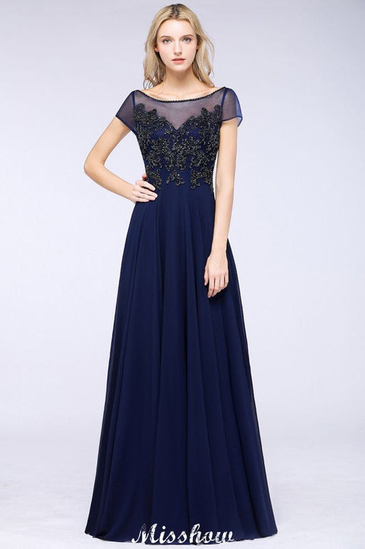 Elegantes A-Linie Kurzarm Applikationen Perlen Brautjungfernkleider Bodenlanges Abendkleid