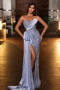 Elegante vestido de fiesta de satén con lentejuelas, sin mangas y corte A con abertura