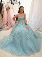 Elegantes vestidos de graduación formales de tul sin tirantes de corte A y encaje, vestidos largos de fiesta