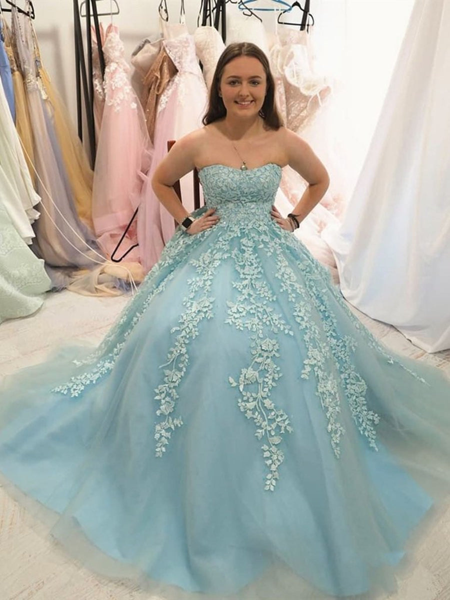Elegantes vestidos de graduación formales de tul sin tirantes de corte A y encaje, vestidos largos de fiesta