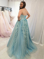 Elegantes vestidos de graduación formales de tul sin tirantes de corte A y encaje, vestidos largos de fiesta