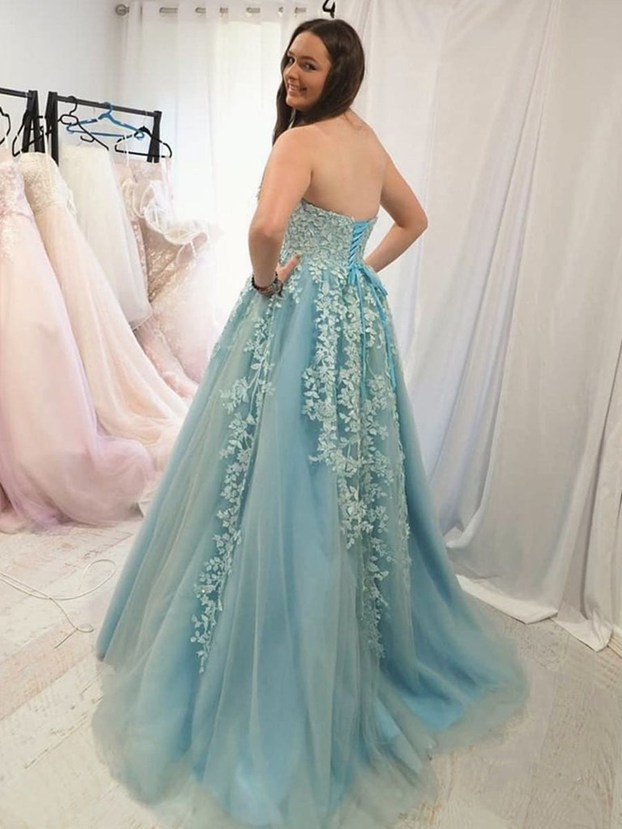 Elegantes vestidos de graduación formales de tul sin tirantes de corte A y encaje, vestidos largos de fiesta