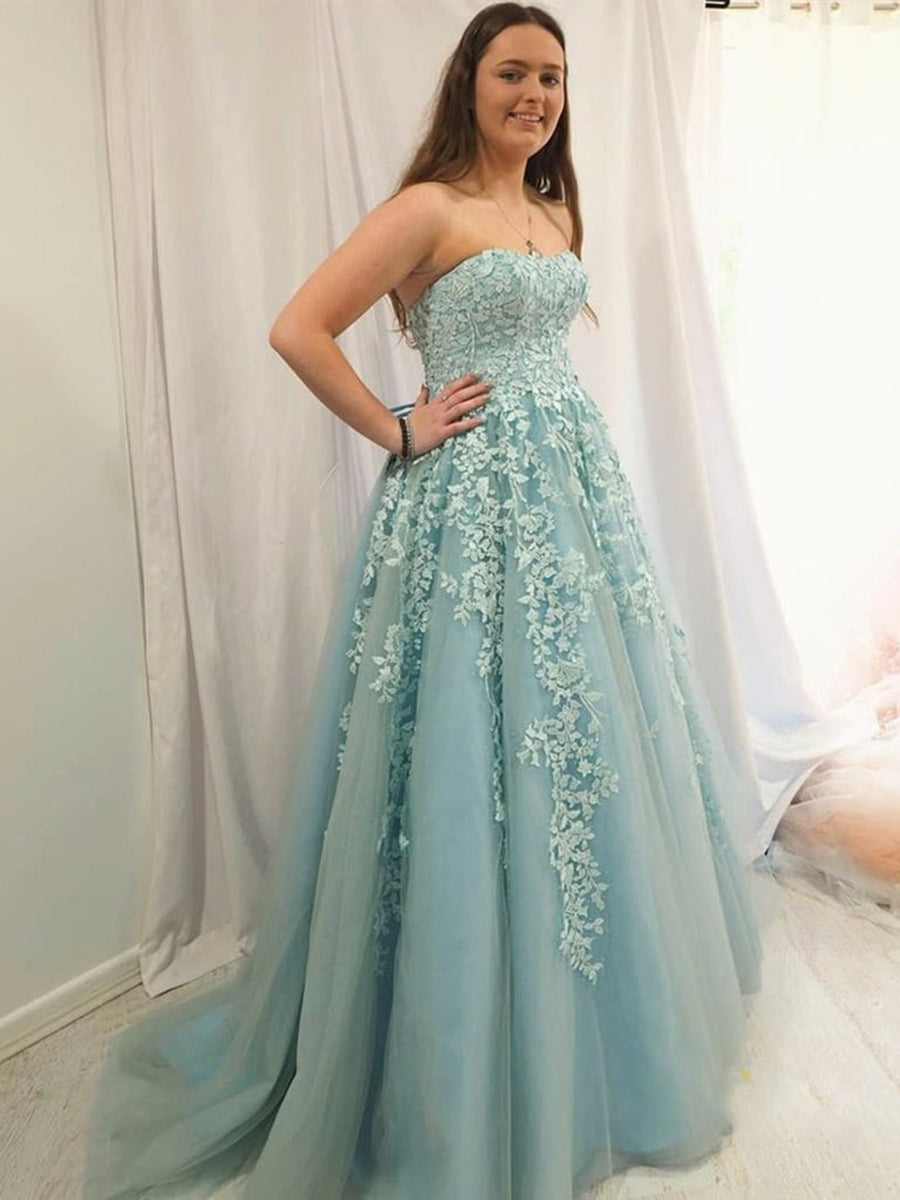 Elegantes vestidos de graduación formales de tul sin tirantes de corte A y encaje, vestidos largos de fiesta