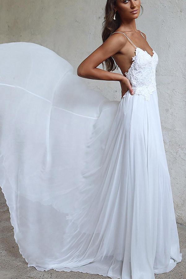 Elegante vestido de novia blanco largo de gasa con tirantes en forma de A WD102
