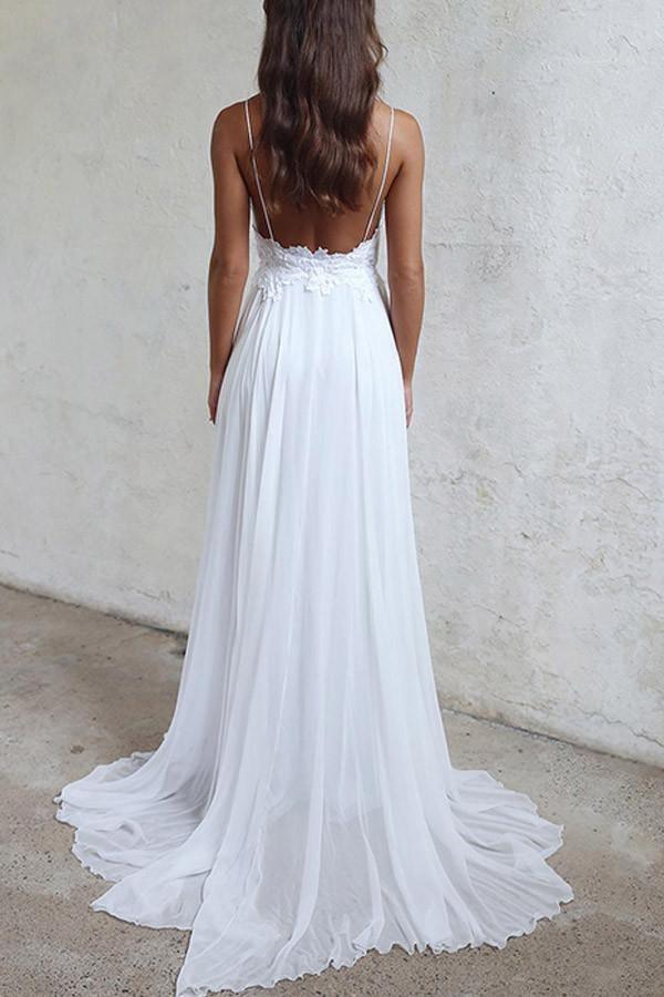 Elegante vestido de novia blanco largo de gasa con tirantes en forma de A WD102