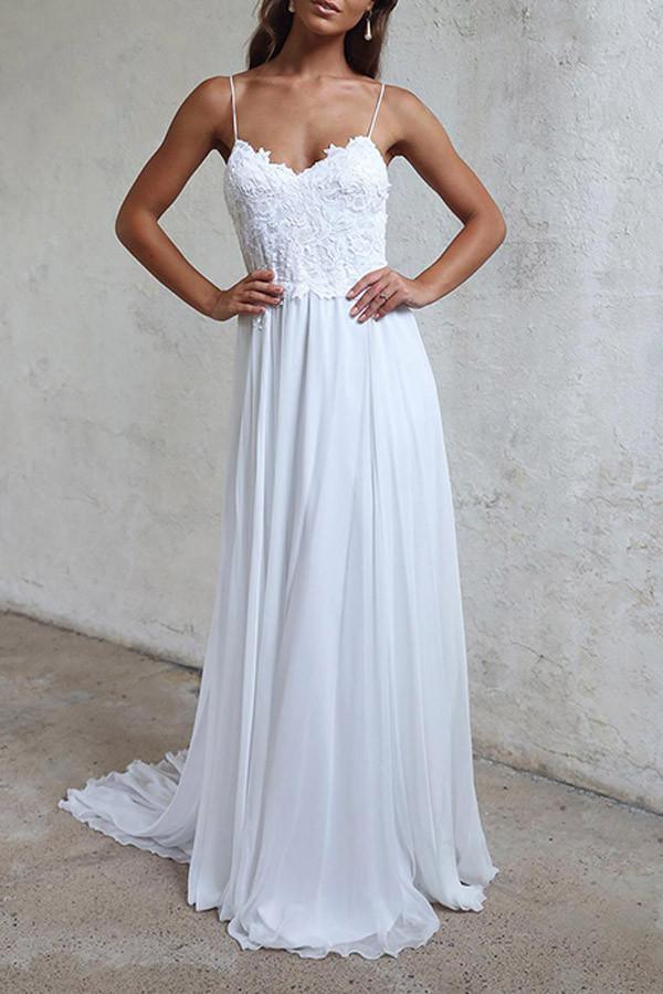 Elegante vestido de novia blanco largo de gasa con tirantes en forma de A WD102