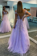 Elegante vestido de fiesta largo de tul con escote en forma de A y encaje de tul sin espalda