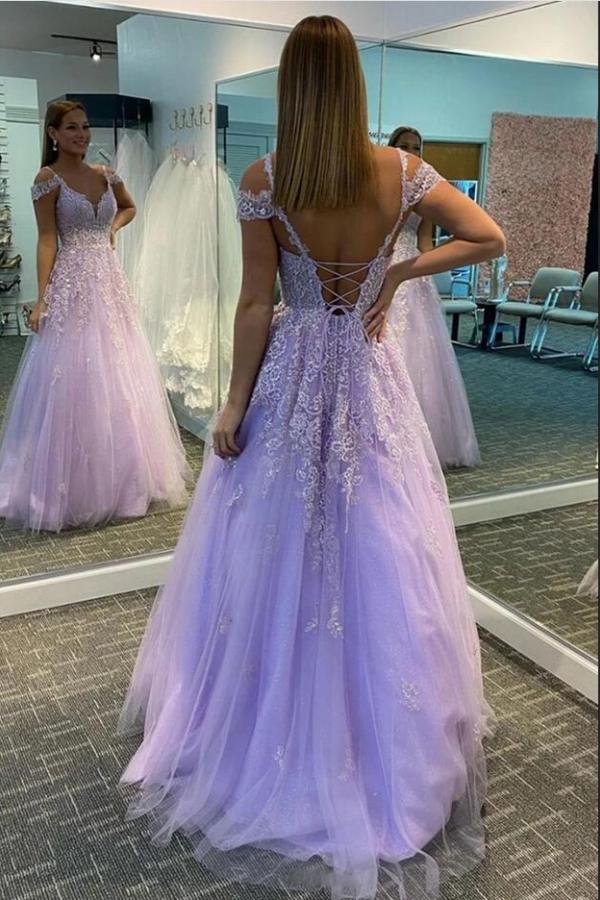 Elegante vestido de fiesta largo de tul con escote en forma de A y encaje de tul sin espalda