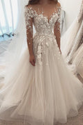 Elegante vestido de novia de tul con encaje y apliques de manga larga y escote en forma de A