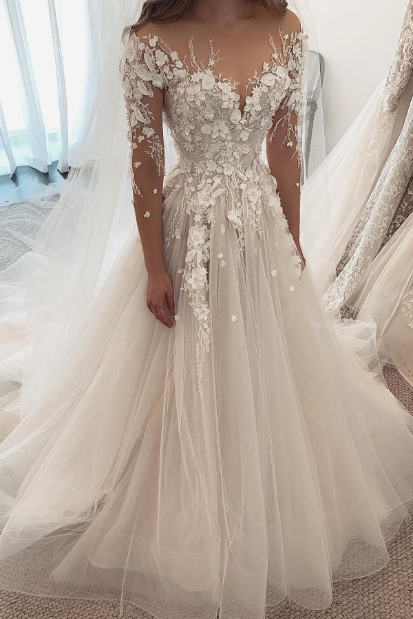 Elegante vestido de novia de tul con encaje y apliques de manga larga y escote en forma de A