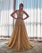 Elegante vestido de fiesta largo con escote en V, apliques de encaje y lentejuelas