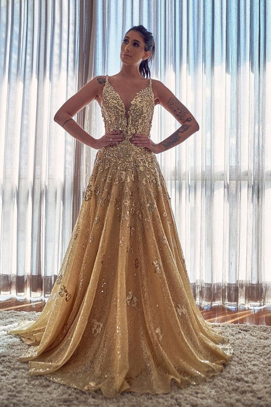 Elegantes langes Ballkleid in A-Linie mit V-Ausschnitt, Spitzenapplikationen und Pailletten